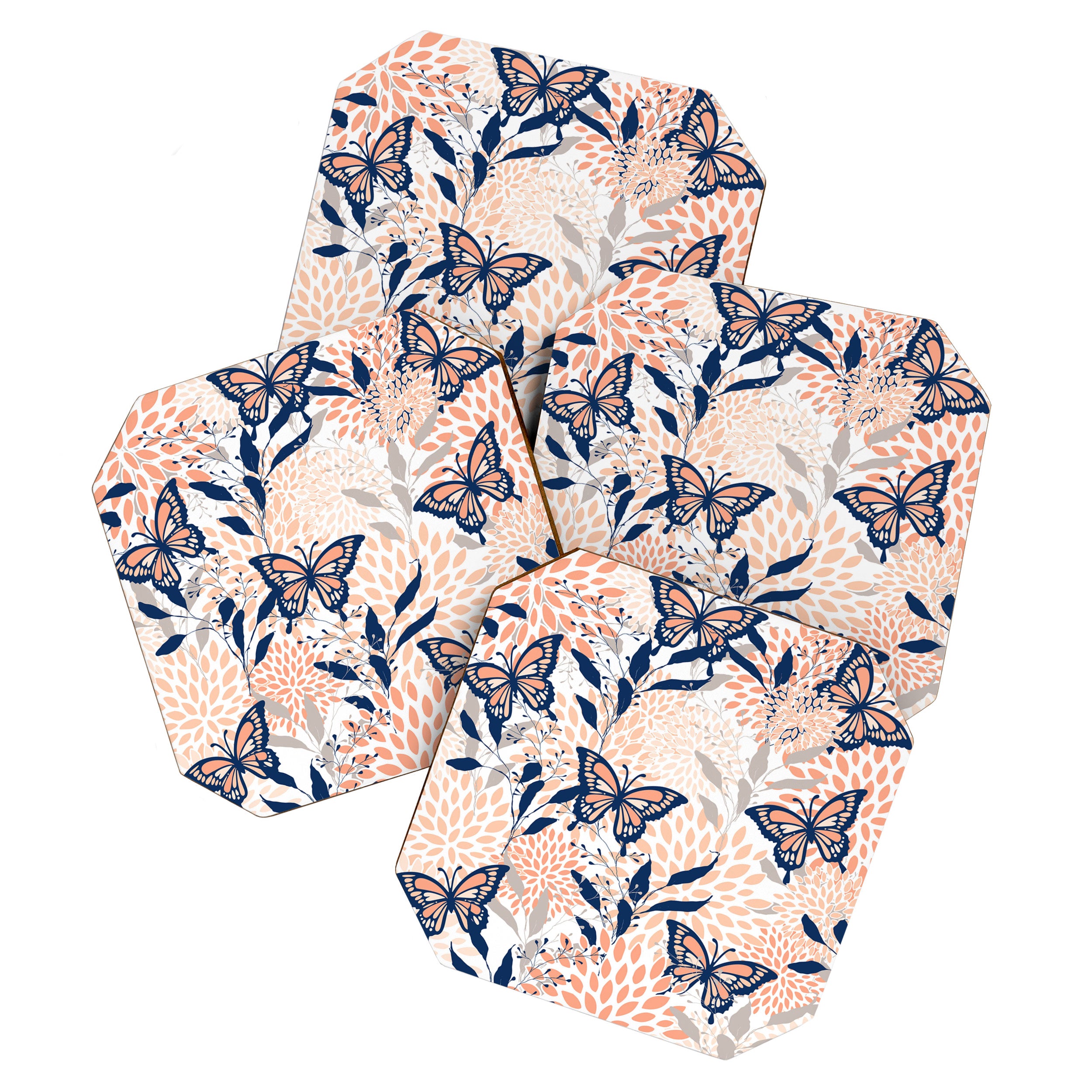 Floral, Butterflies Print, Coral, Navy Bue, Gray Coaster Gallery Image 1