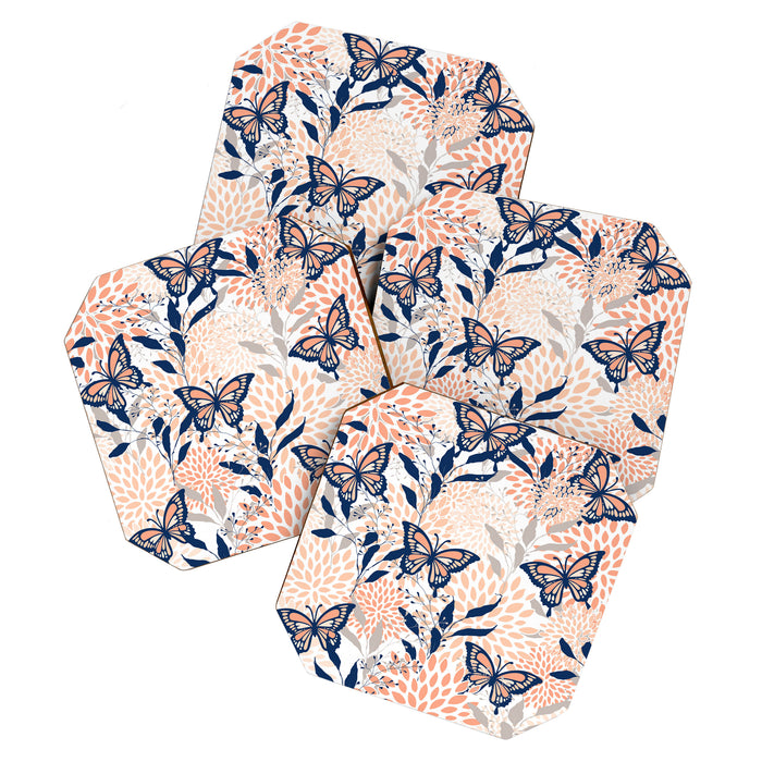 Floral, Butterflies Print, Coral, Navy Bue, Gray Coaster Gallery Image 1