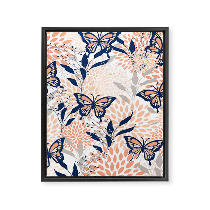 Floral, Butterflies Print, Coral, Navy Bue, Gray Framed Canvas Print Gallery Image 1