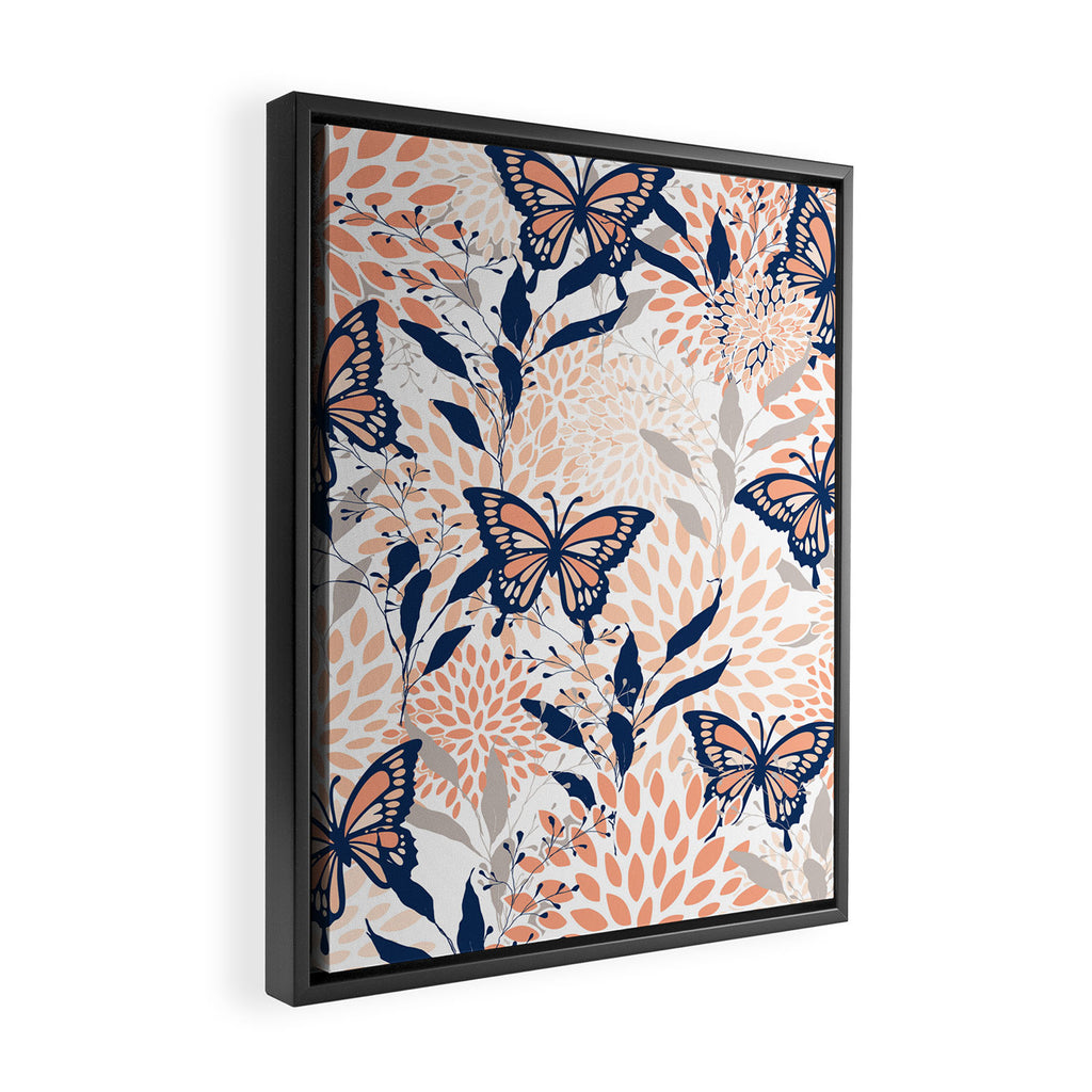 Floral, Butterflies Print, Coral, Navy Bue, Gray Framed Canvas Print Gallery Image 2