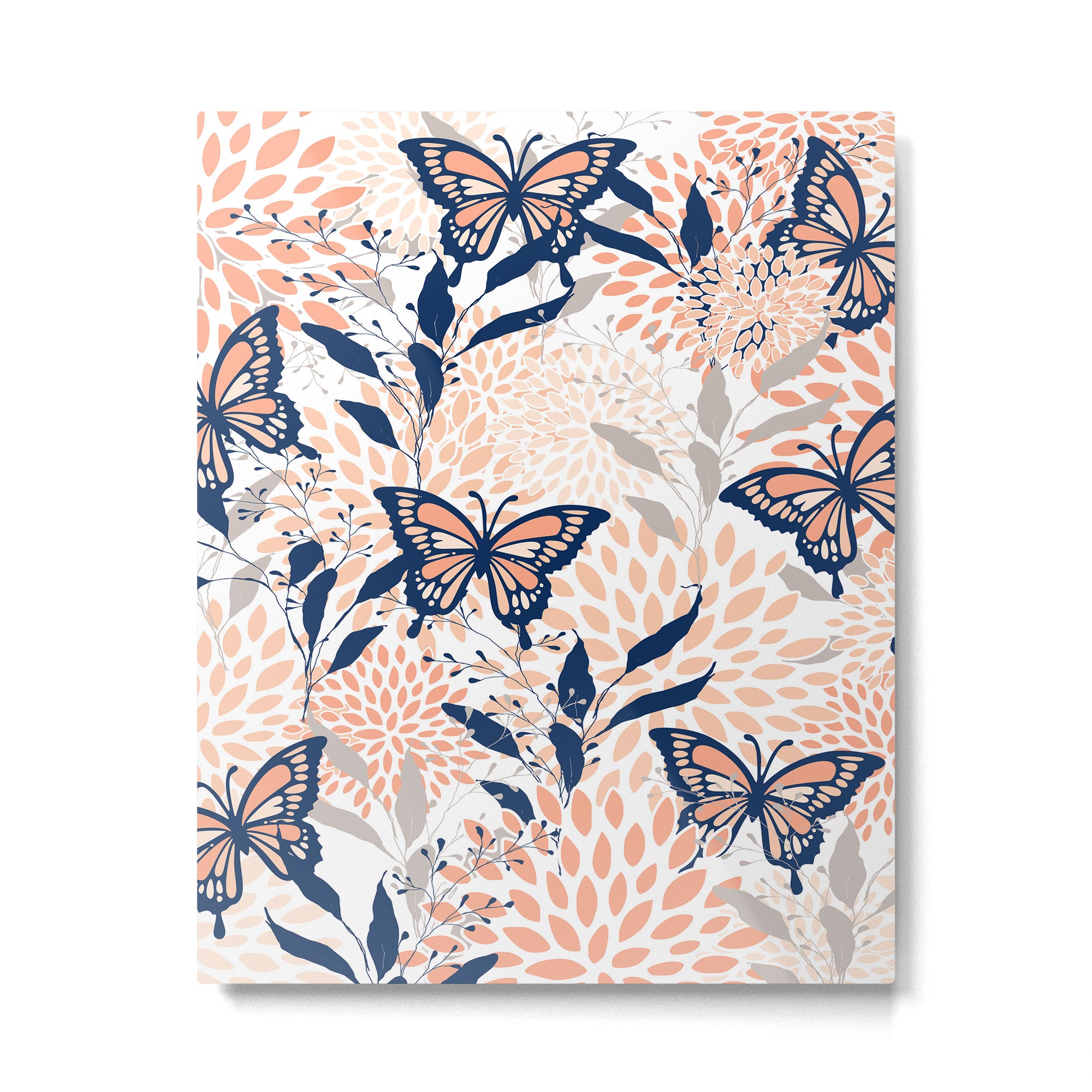 Floral, Butterflies Print, Coral, Navy Bue, Gray Metal Print Gallery Image 6