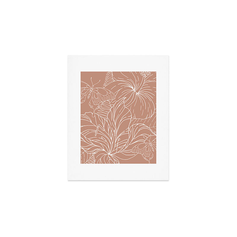 Floral, Butterfly Art, Line Drawing, Terracotta Art Print