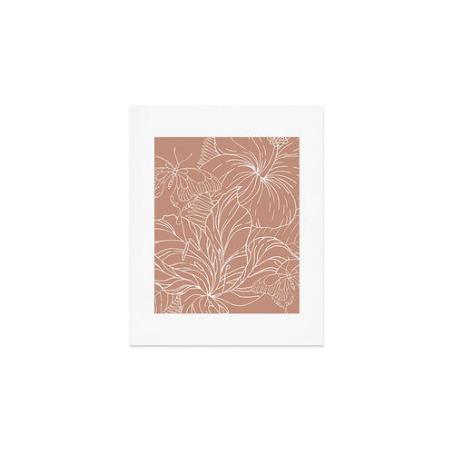 Floral, Butterfly Art, Line Drawing, Terracotta Art Print