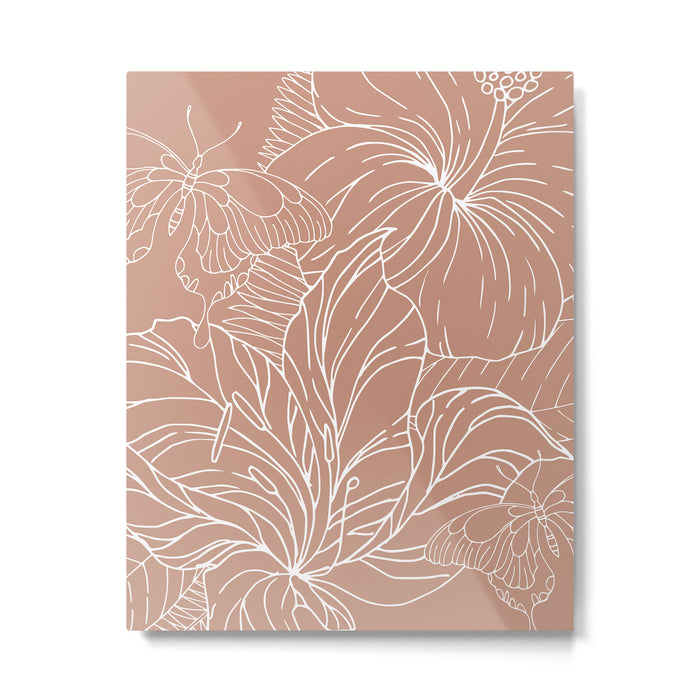 Floral, Butterfly Art, Line Drawing, Terracotta Metal Print Gallery Image 1