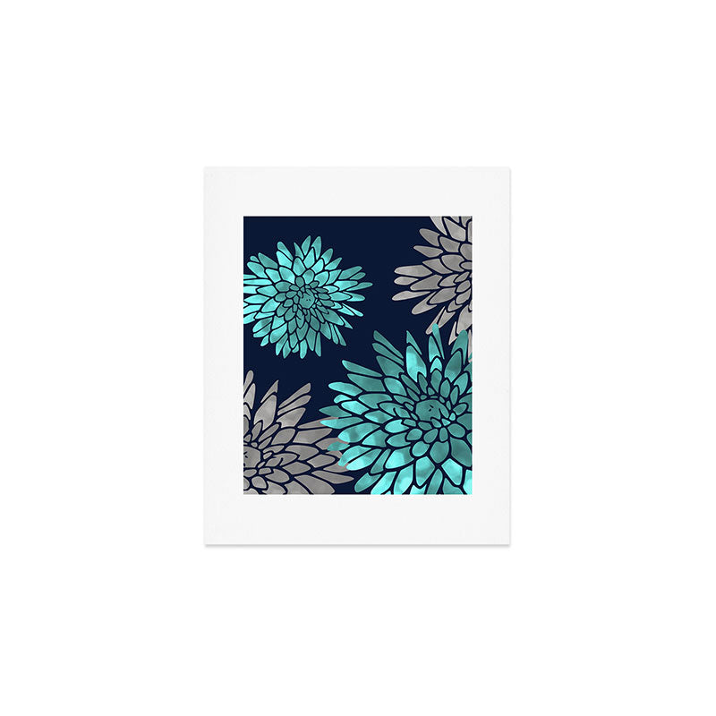 Floral Chrysanthemum Modern Navy Aqua Art Print Gallery Image 1