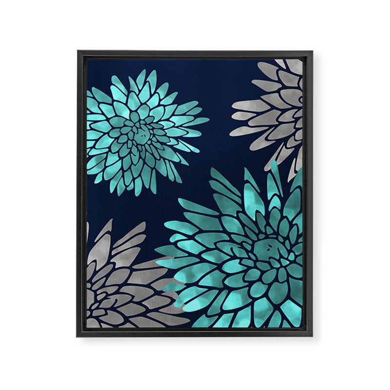 Floral Chrysanthemum Modern Navy Aqua Framed Canvas Print Gallery Image 8
