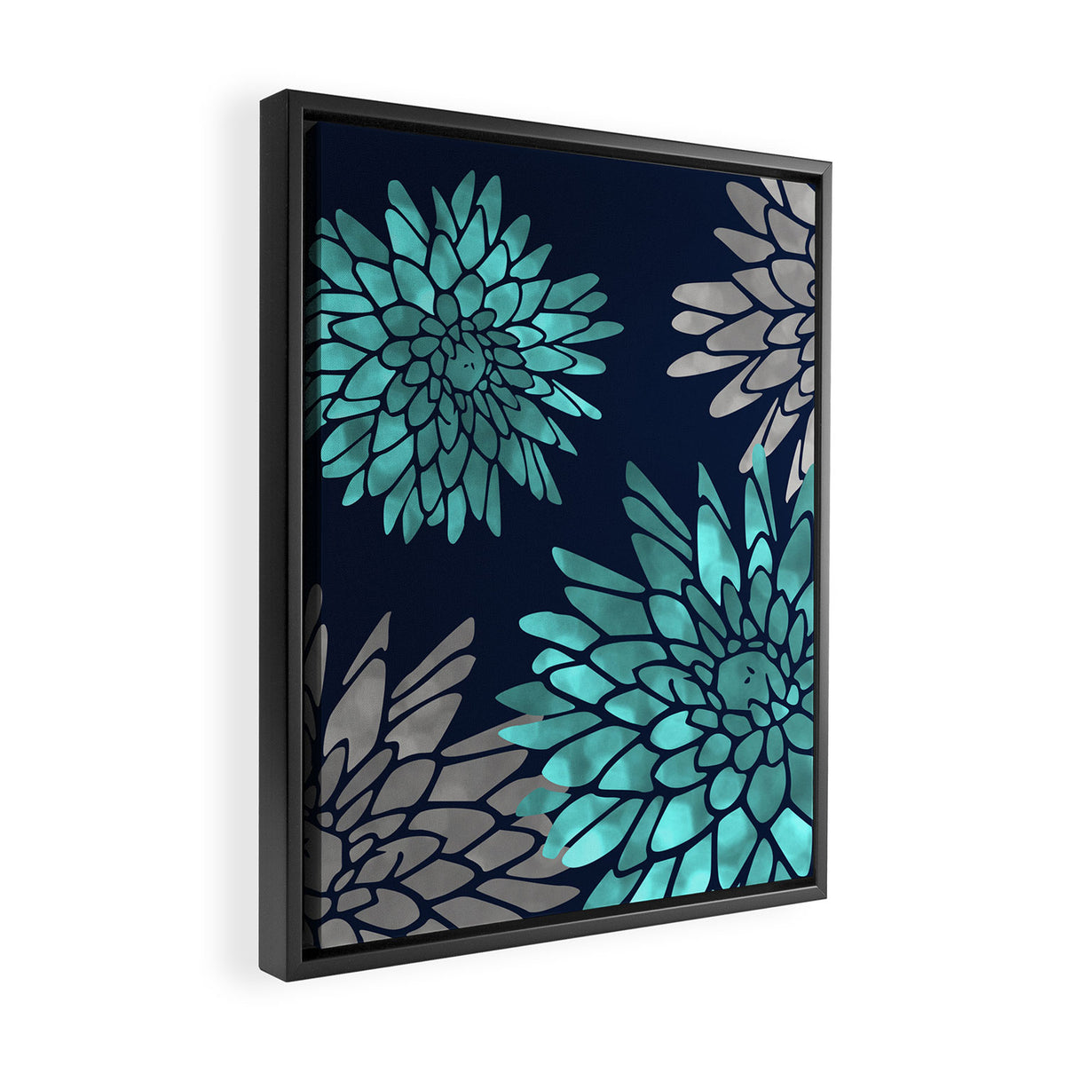 Floral Chrysanthemum Modern Navy Aqua Framed Canvas Print Gallery Image 2