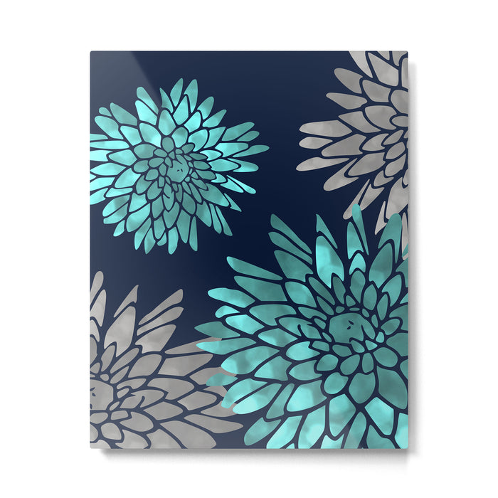 Floral Chrysanthemum Modern Navy Aqua Metal Print Gallery Image 1