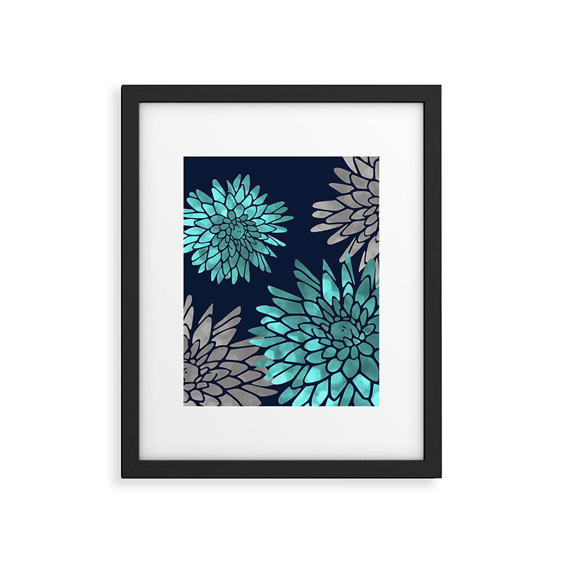 Floral Chrysanthemum Modern Navy Aqua Framed Art Print Gallery Image 6