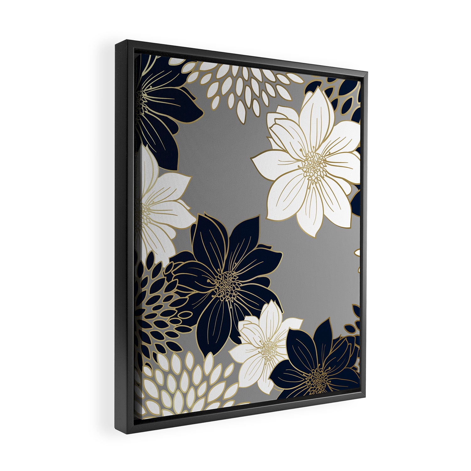 Floral Garden, White, Navy, Grey Framed Canvas Print Gallery Image 2