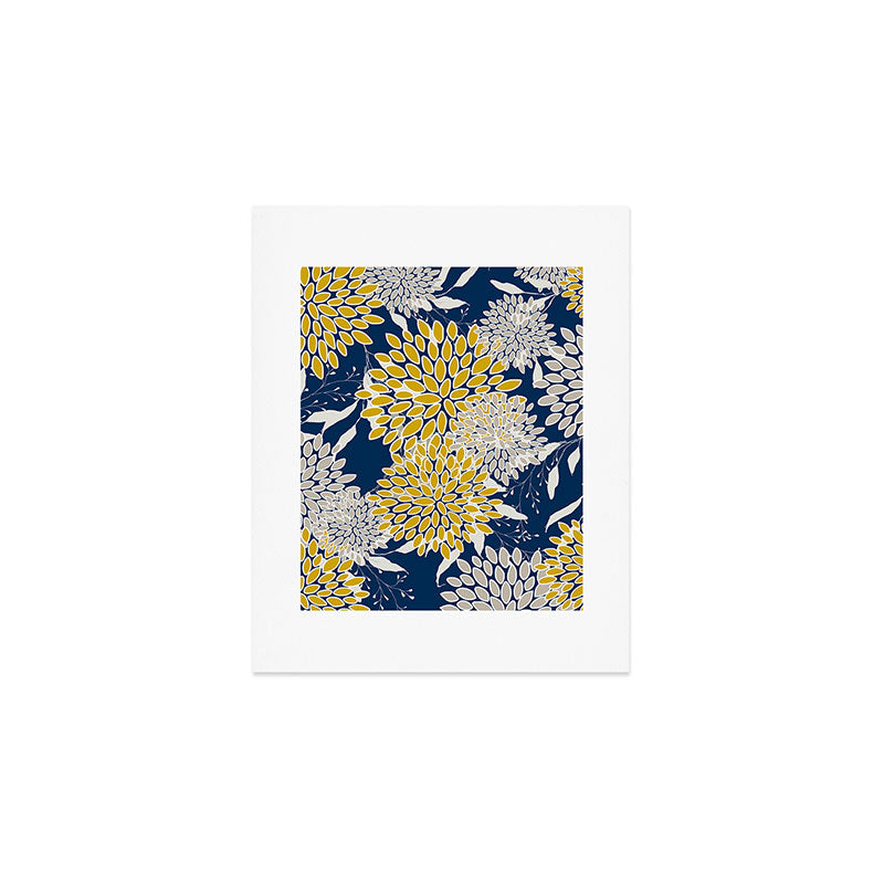 Floral Leaves and Blooms, Navy Blue, Yellow, Beige Art Print Gallery Image 1