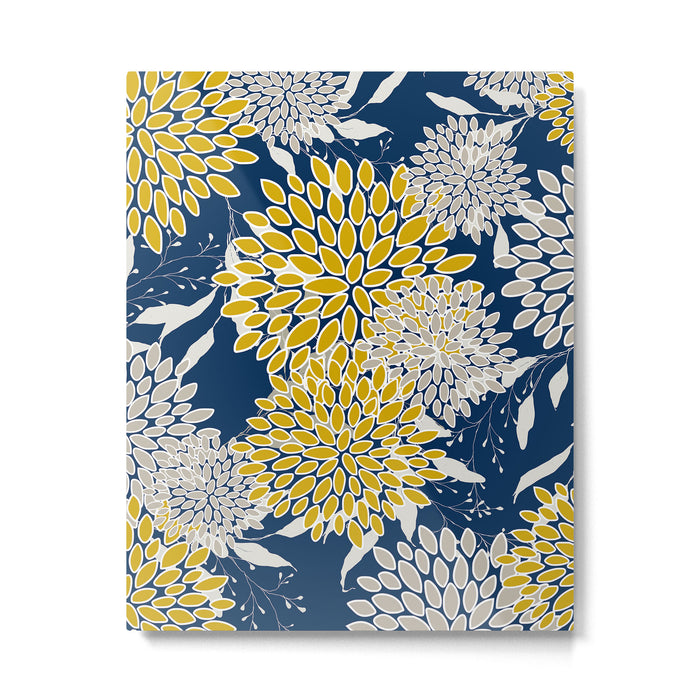 Floral Leaves and Blooms, Navy Blue, Yellow, Beige Metal Print Gallery Image 1