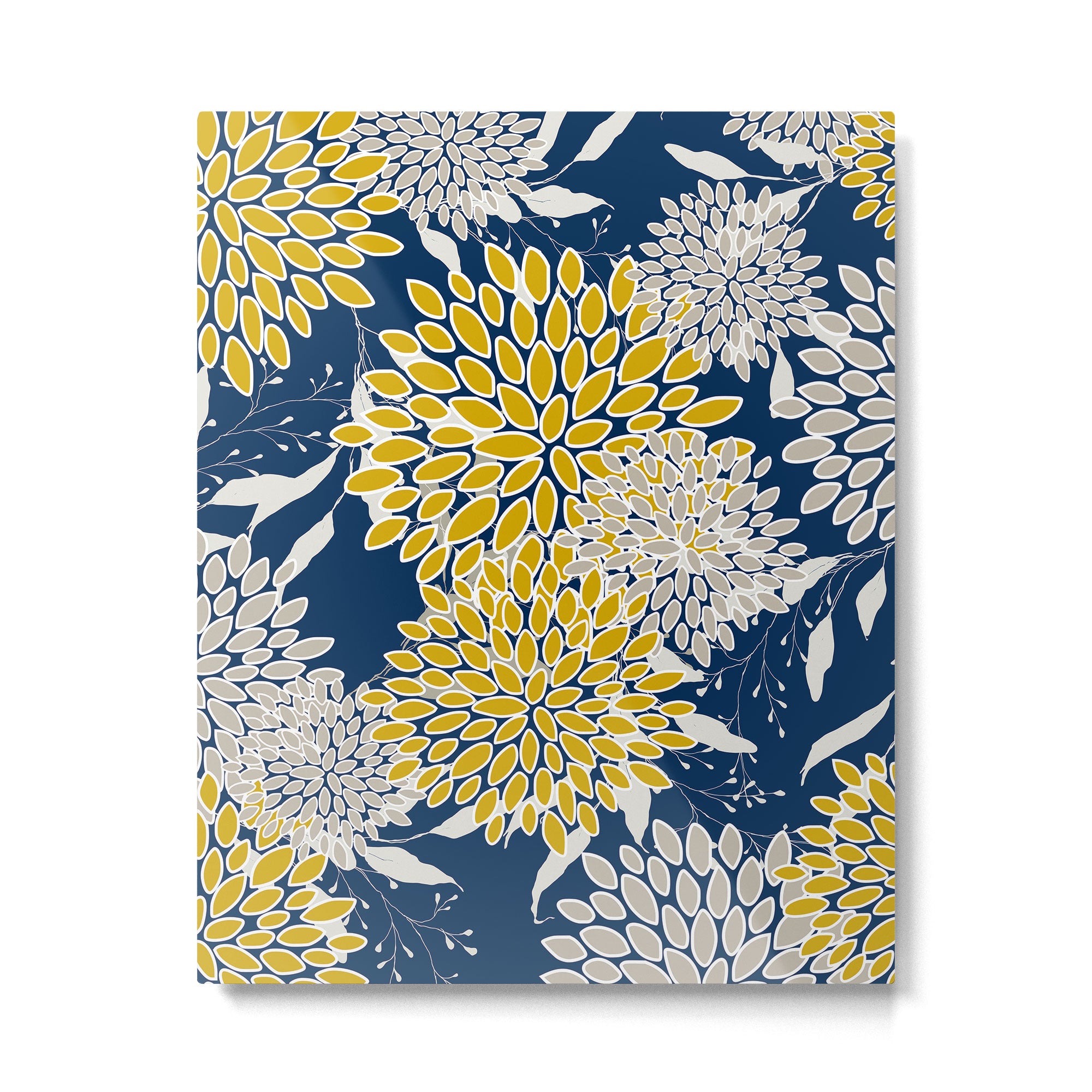Floral Leaves and Blooms, Navy Blue, Yellow, Beige Metal Print Gallery Image 6