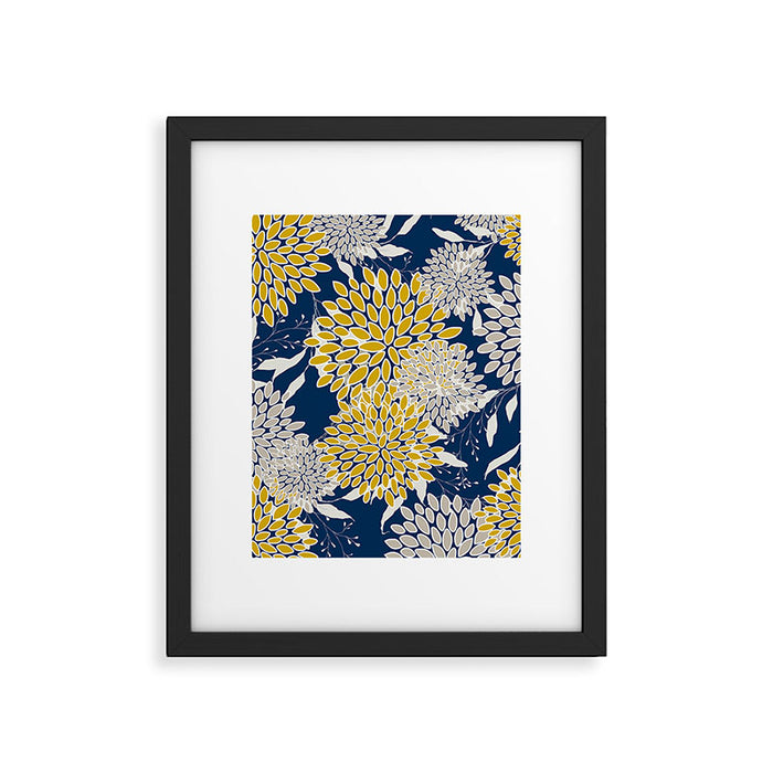 Floral Leaves and Blooms, Navy Blue, Yellow, Beige Framed Art Print Gallery Image 1