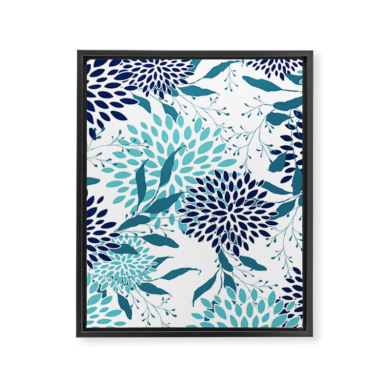 Floral Leaves and Blooms, Navy, Teal and White Framed Canvas Print Gallery Image 8