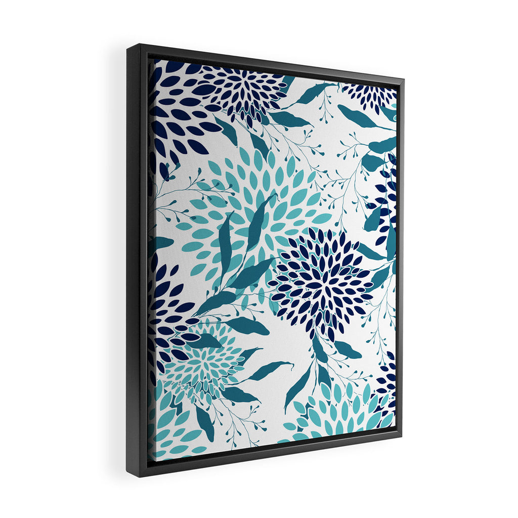 Floral Leaves and Blooms, Navy, Teal and White Framed Canvas Print Gallery Image 2