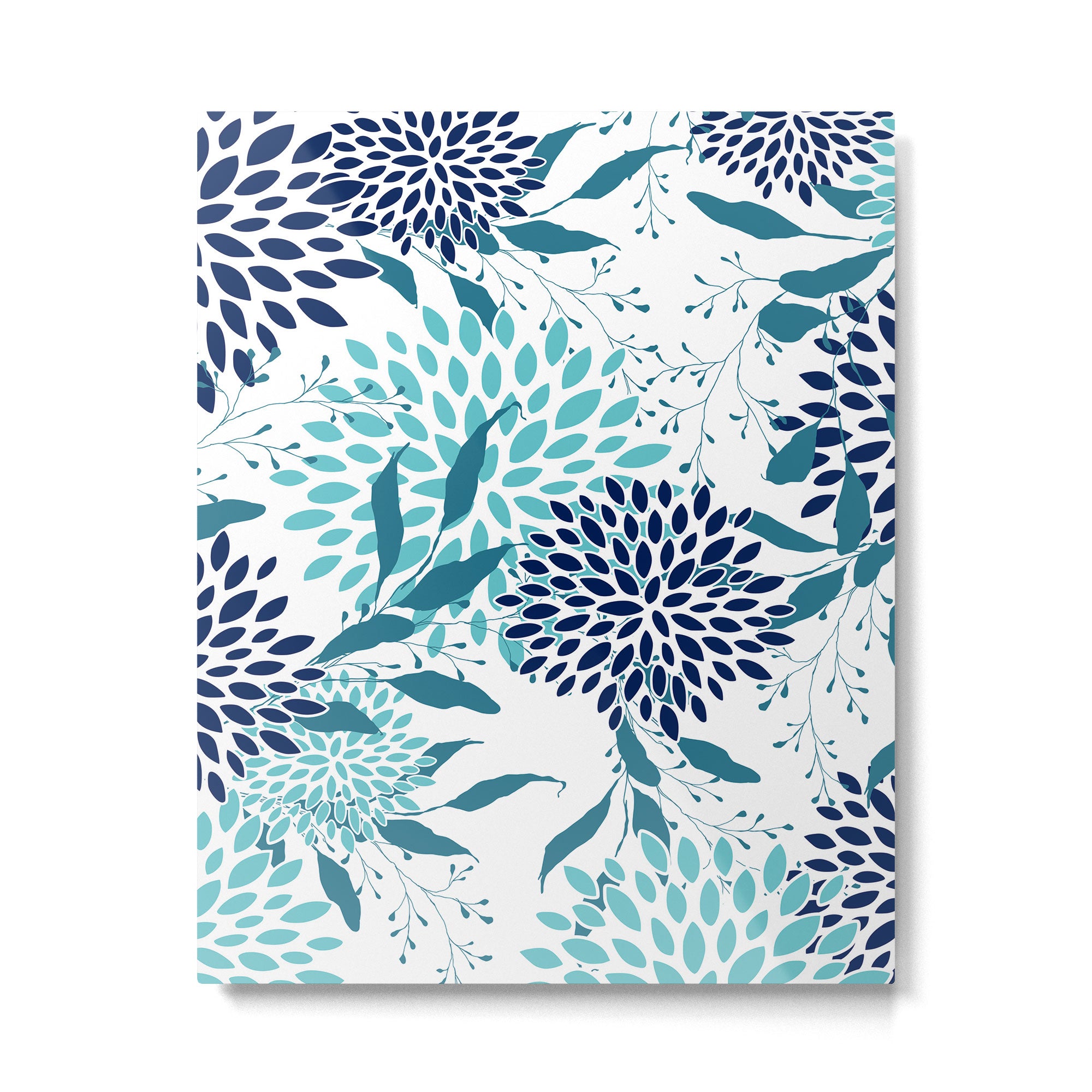 Floral Leaves and Blooms, Navy, Teal and White Metal Print Gallery Image 6