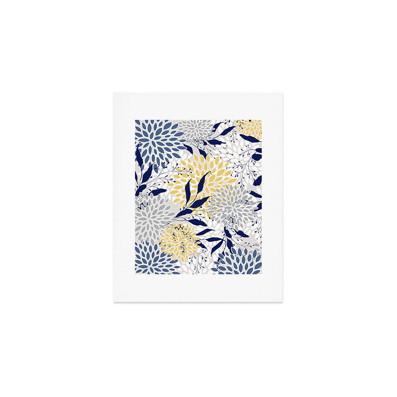 Floral Leaves and Blooms, Navy, Yellow, Gray Art Print Gallery Image 1