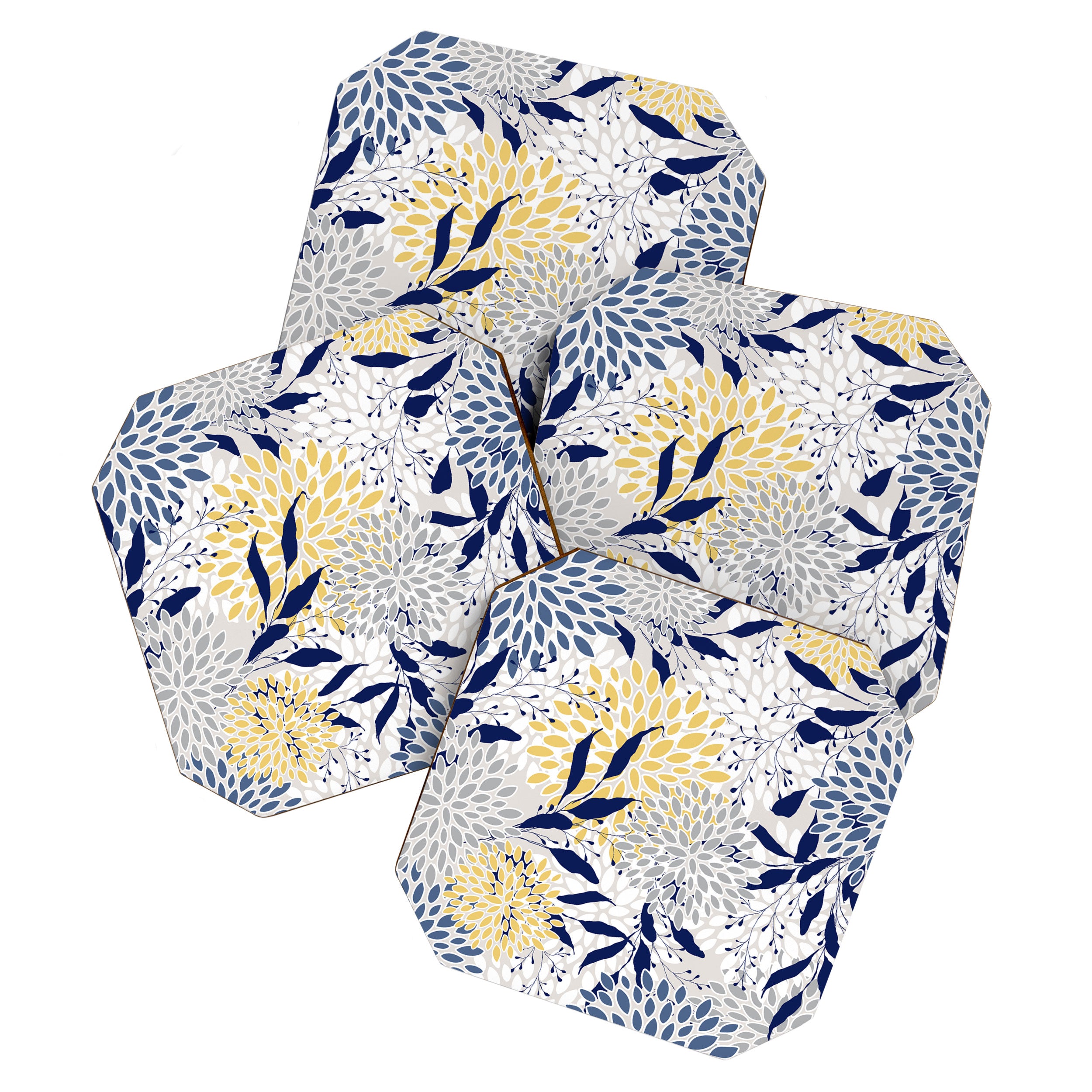 Floral Leaves and Blooms, Navy, Yellow, Gray Coaster Gallery Image 1