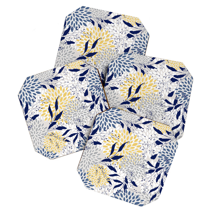 Floral Leaves and Blooms, Navy, Yellow, Gray Coaster Gallery Image 1