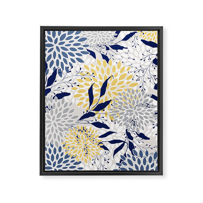 Floral Leaves and Blooms, Navy, Yellow, Gray Framed Canvas Print Gallery Image 8
