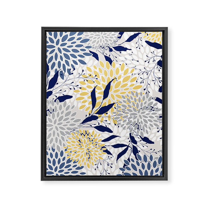 Floral Leaves and Blooms, Navy, Yellow, Gray Framed Canvas Print Gallery Image 1