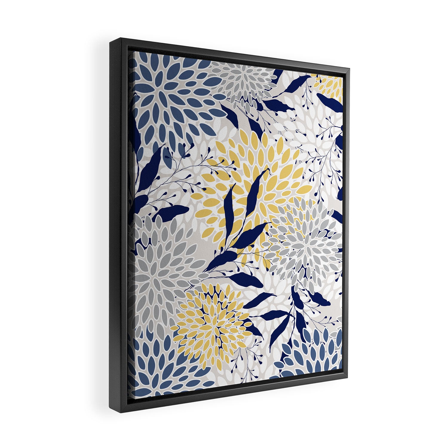 Floral Leaves and Blooms, Navy, Yellow, Gray Framed Canvas Print Gallery Image 2