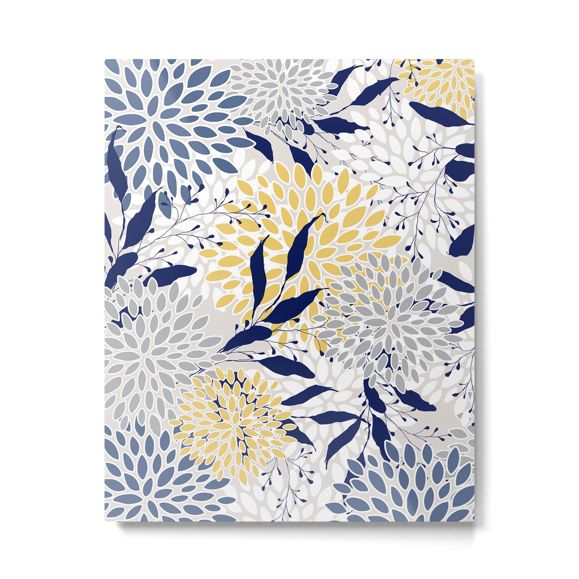 Floral Leaves and Blooms, Navy, Yellow, Gray Metal Print Gallery Image 6