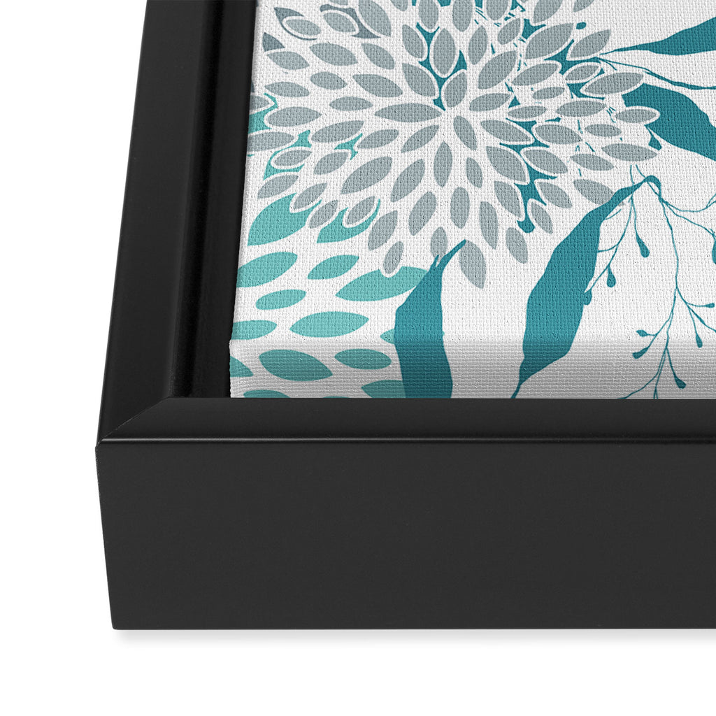 Floral Leaves and Blooms, Teal and Gray Framed Canvas Print Gallery Image 3