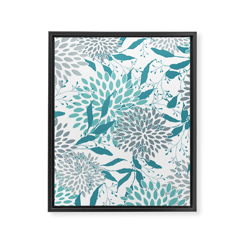 Floral Leaves and Blooms, Teal and Gray Framed Canvas Print Gallery Image 8