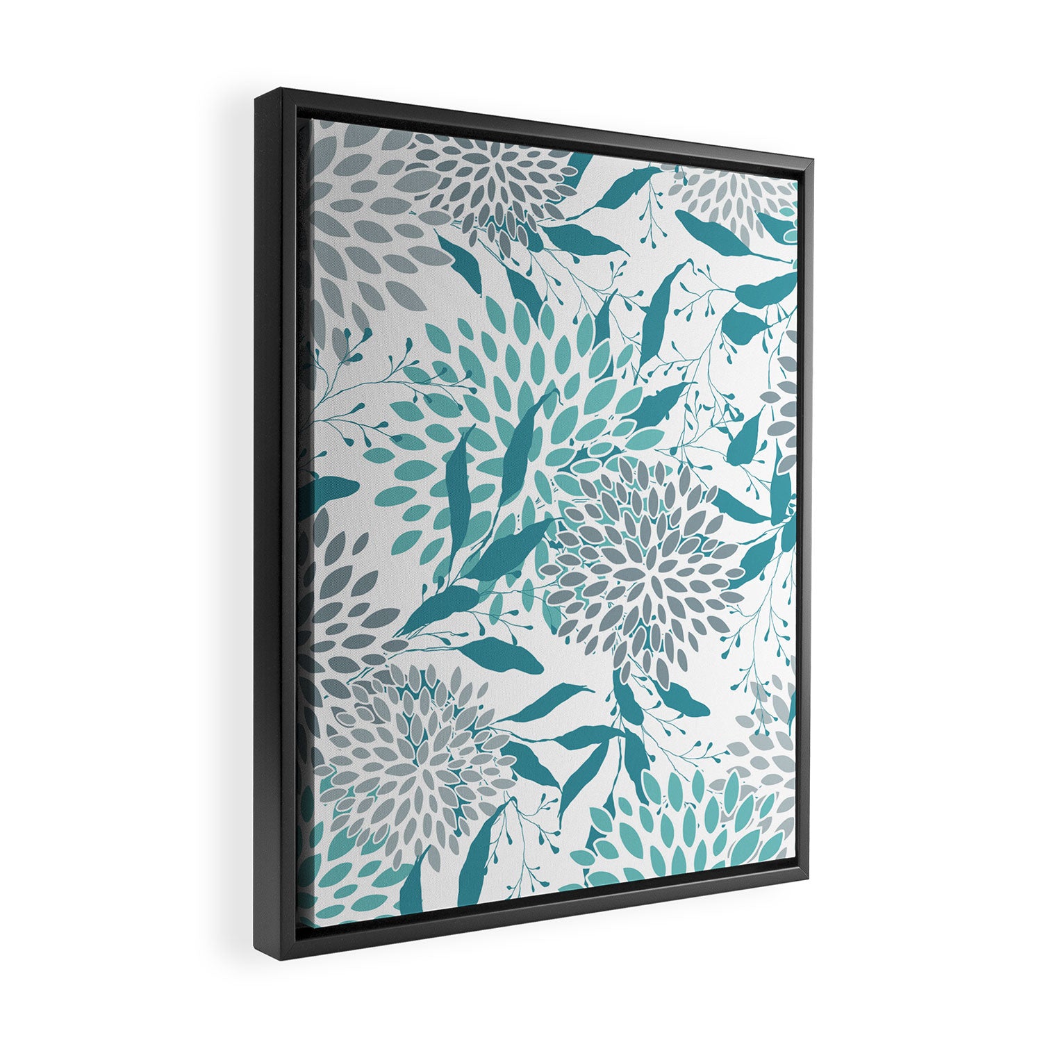 Floral Leaves and Blooms, Teal and Gray Framed Canvas Print Gallery Image 2