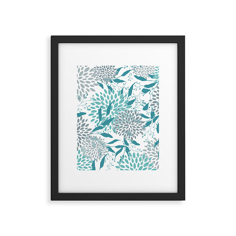Floral Leaves and Blooms, Teal and Gray Framed Art Print Gallery Image 6