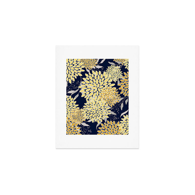 Floral Leaves and Blooms, Yellow and Navy Blue Art Print Gallery Image 1