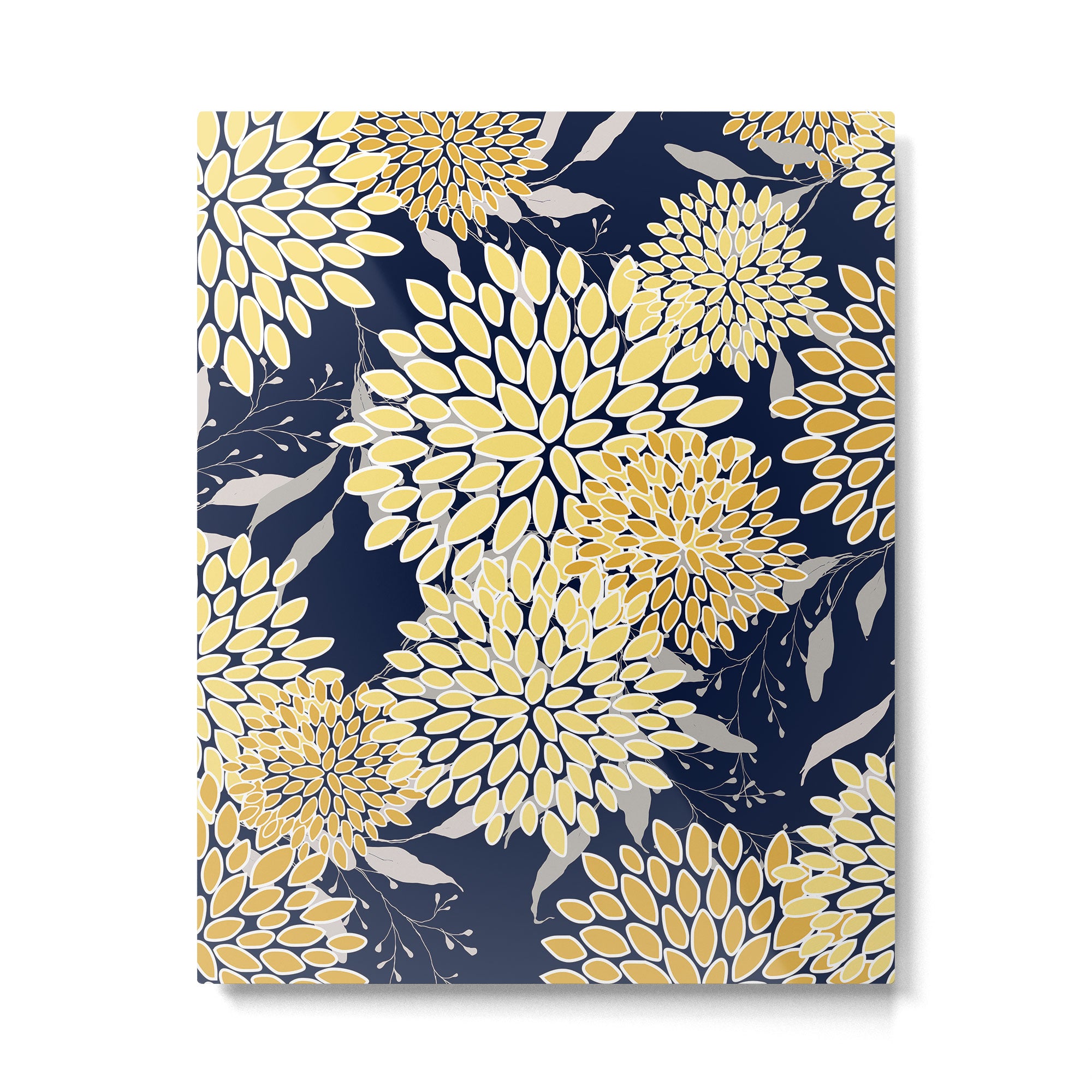 Floral Leaves and Blooms, Yellow and Navy Blue Metal Print Gallery Image 6