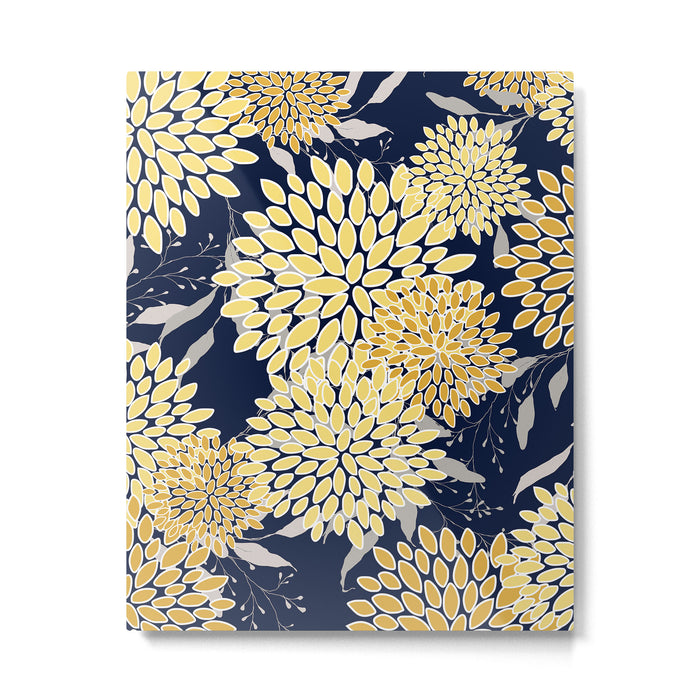 Floral Leaves and Blooms, Yellow and Navy Blue Metal Print Gallery Image 1