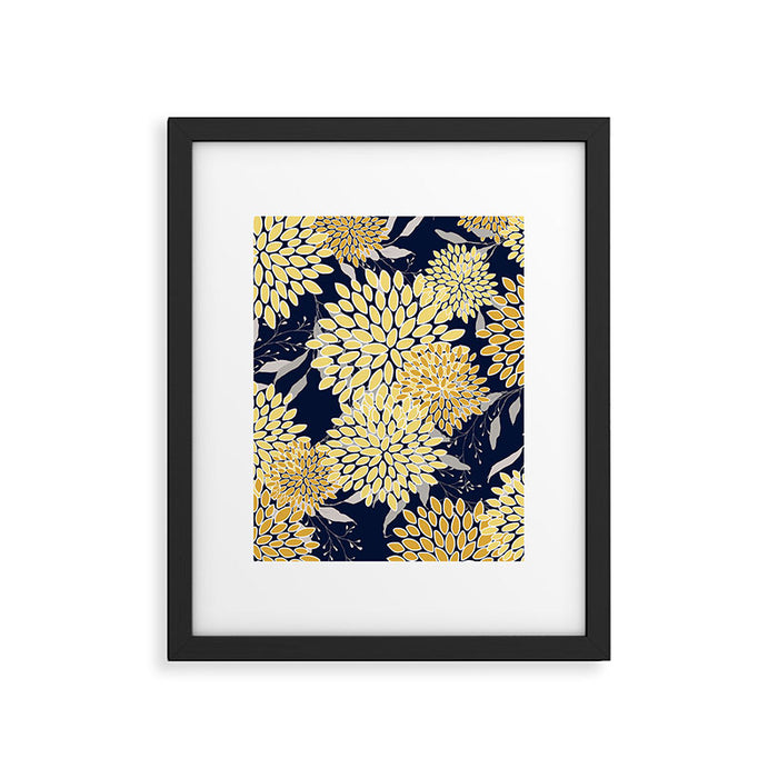 Floral Leaves and Blooms, Yellow and Navy Blue Framed Art Print Gallery Image 1
