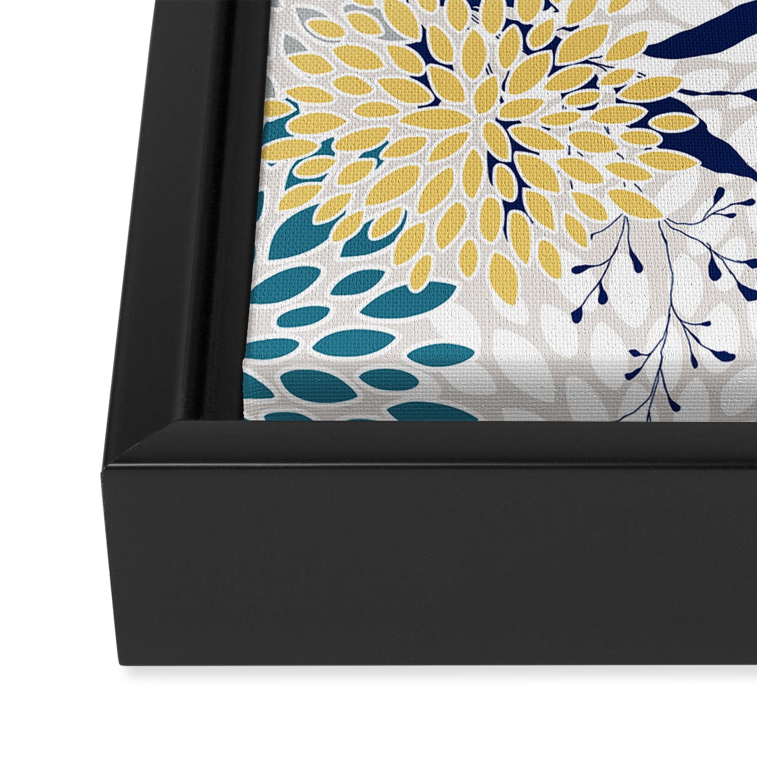 Floral Leaves and Blooms, Yellow, Gray, Teal, Navy Framed Canvas Print Gallery Image 3
