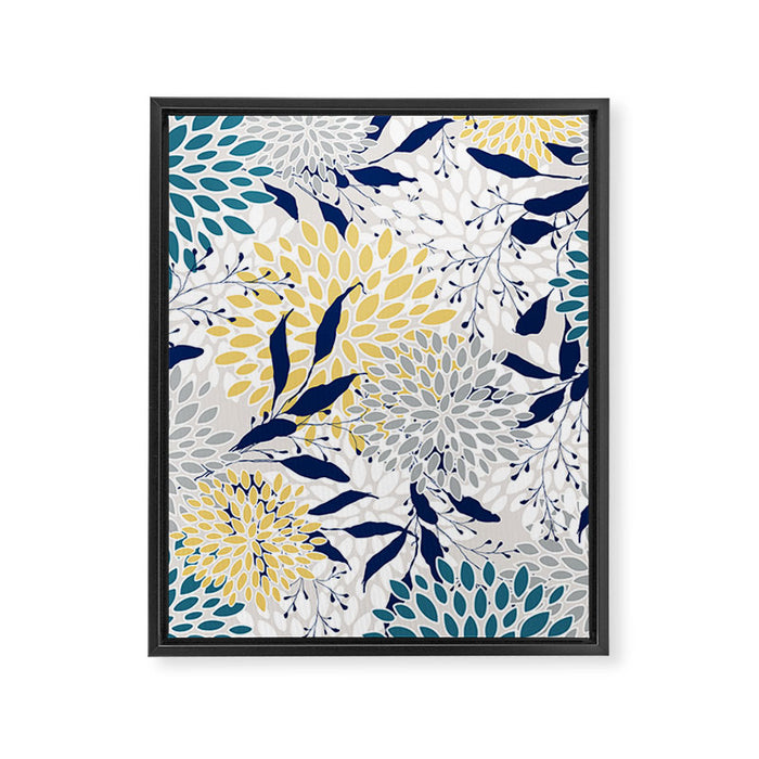 Floral Leaves and Blooms, Yellow, Gray, Teal, Navy Framed Canvas Print Gallery Image 1