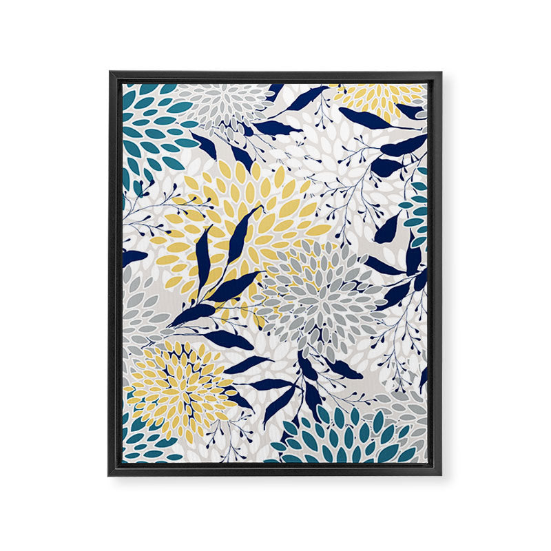Floral Leaves and Blooms, Yellow, Gray, Teal, Navy Framed Canvas Print Gallery Image 8