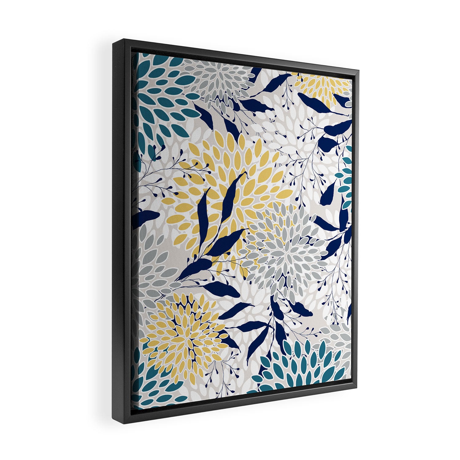 Floral Leaves and Blooms, Yellow, Gray, Teal, Navy Framed Canvas Print Gallery Image 2