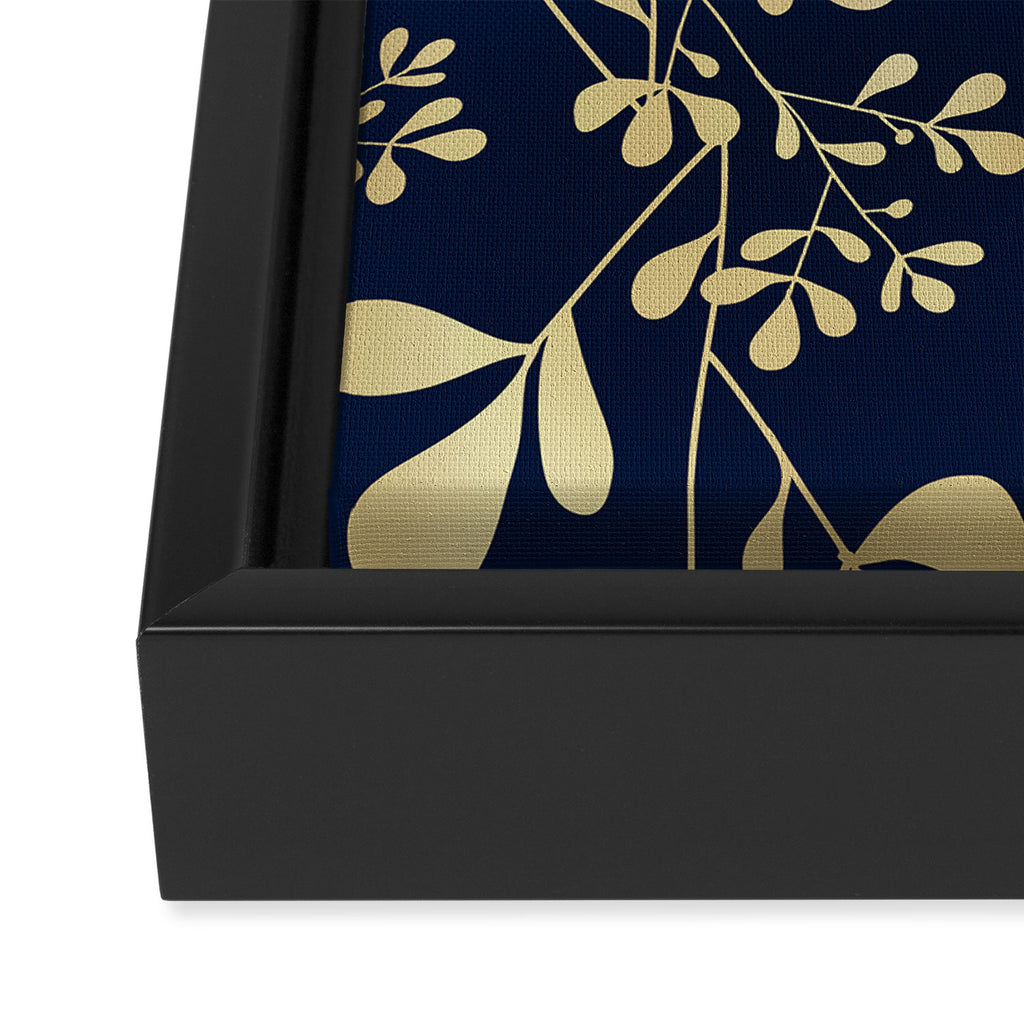 Floral Leaves Navy Blue and Gold Framed Canvas Print Gallery Image 3