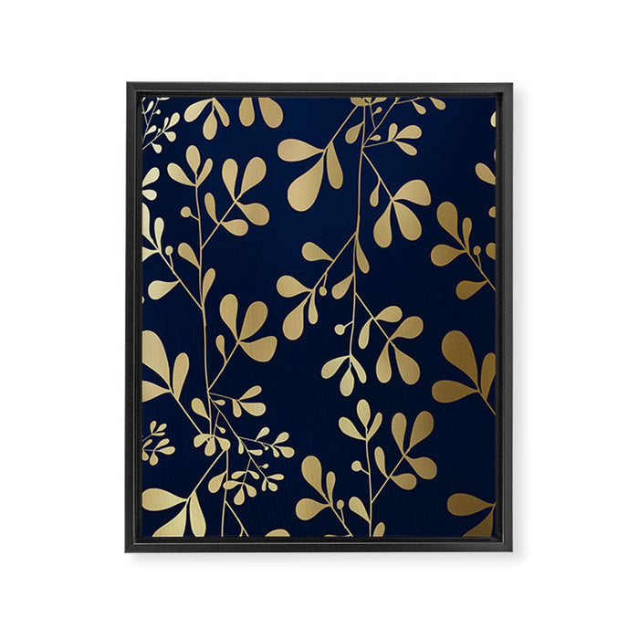 Floral Leaves Navy Blue and Gold Framed Canvas Print Gallery Image 1