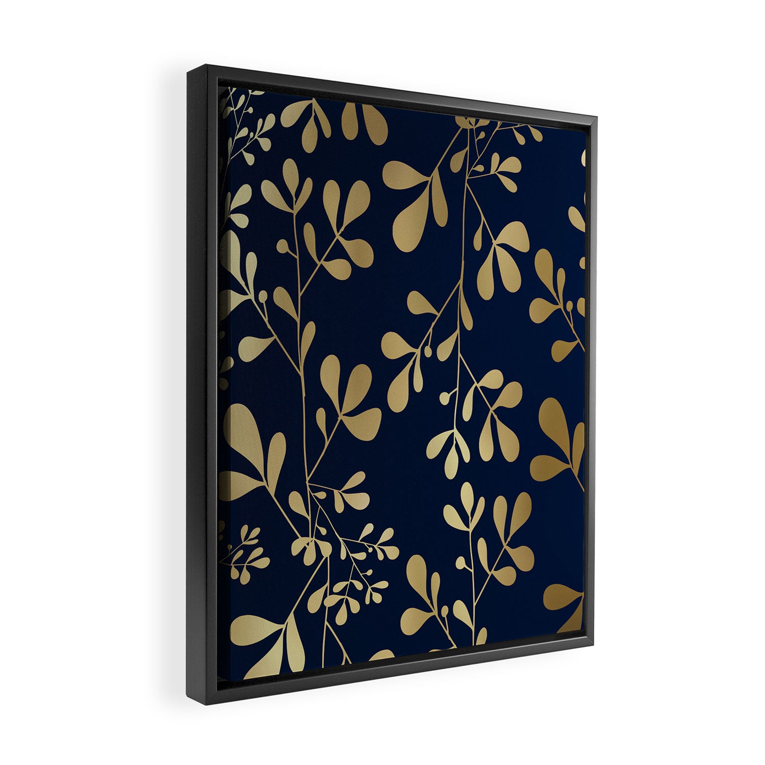 Floral Leaves Navy Blue and Gold Framed Canvas Print Gallery Image 2
