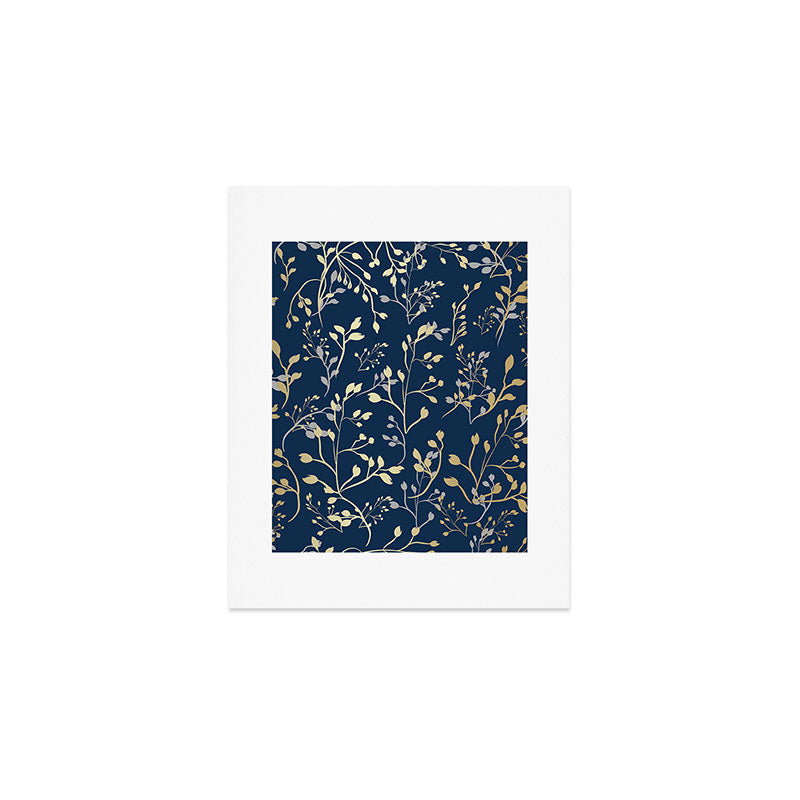 Floral Leaves, Navy Blue and Gold, Wall Art Prints Art Print Gallery Image 1