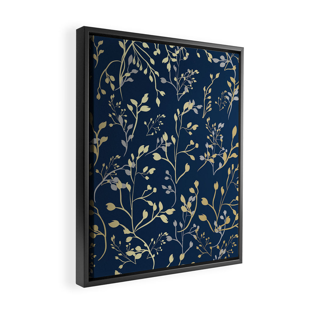Floral Leaves, Navy Blue and Gold, Wall Art Prints Framed Canvas Print Gallery Image 2
