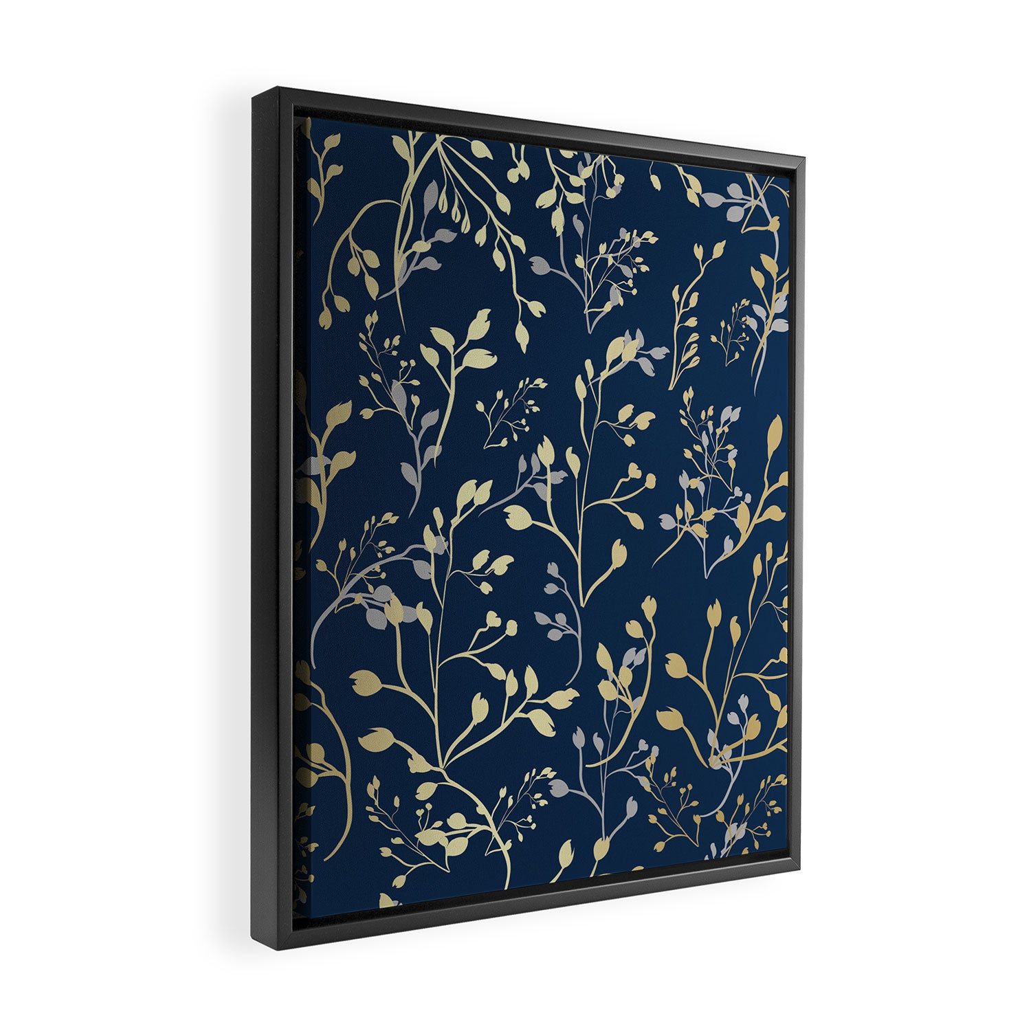 Floral Leaves, Navy Blue and Gold, Wall Art Prints Framed Canvas Print Gallery Image 2