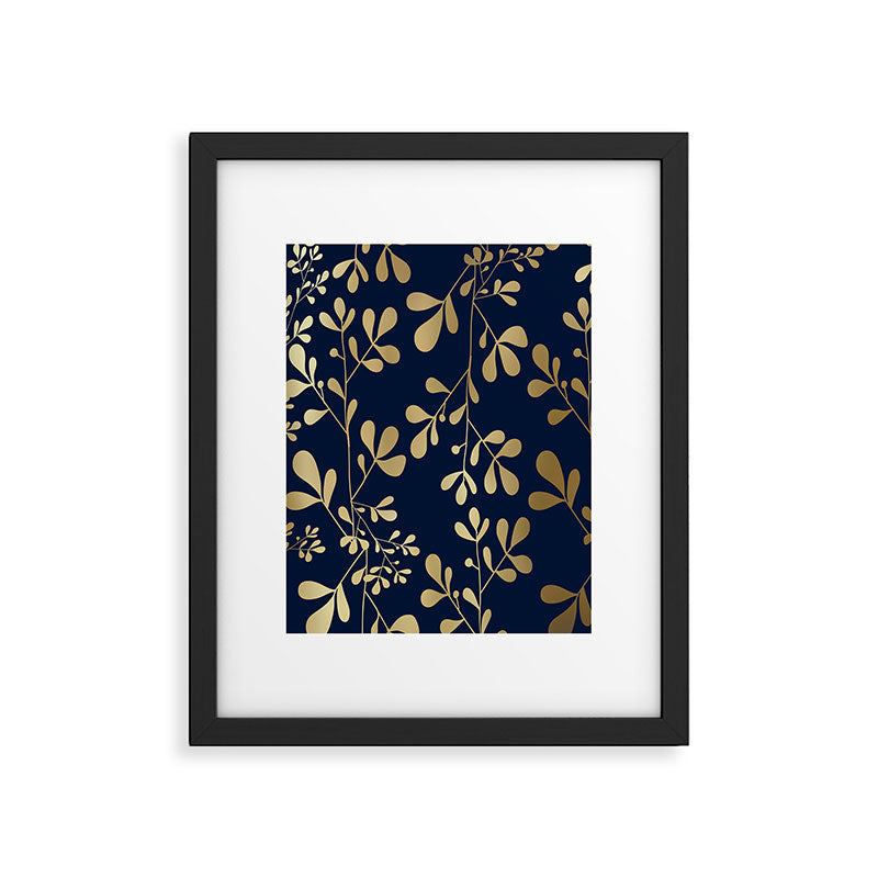Floral Leaves Navy Blue and Gold Framed Art Print Gallery Image 6