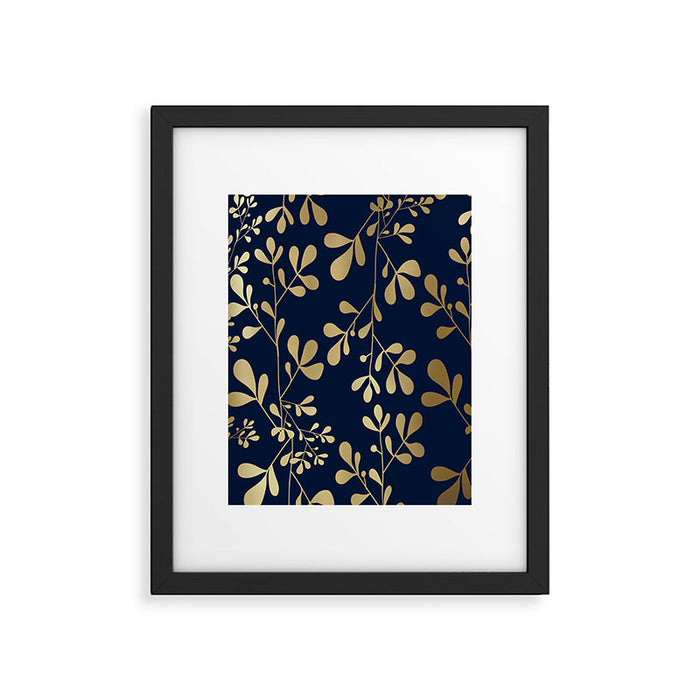Floral Leaves Navy Blue and Gold Framed Art Print Gallery Image 1