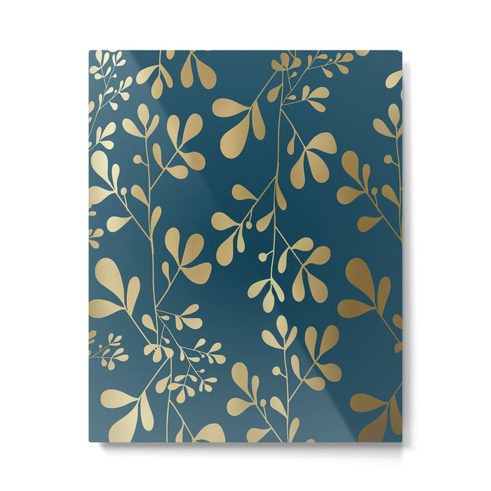 Floral Leaves, Teal and Gold Metal Print Gallery Image 1