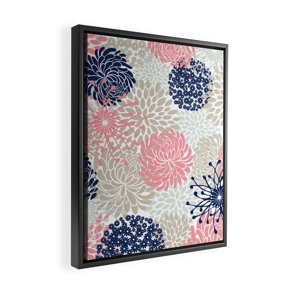 Floral Mixed Blooms, Blush Pink, Navy Blue, Gray, Beige Framed Canvas Print Gallery Image 2